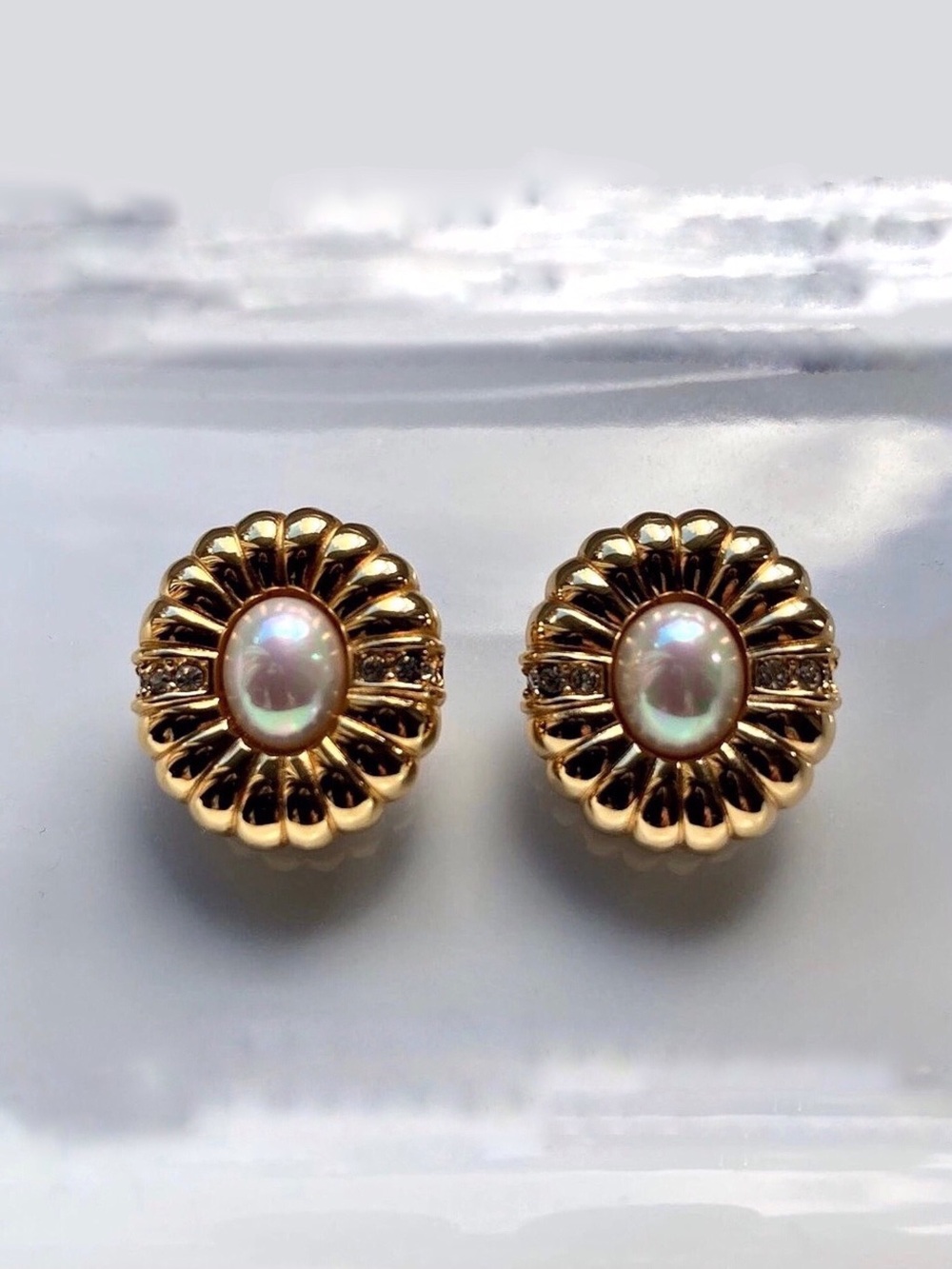 Vintage Christian Dior Faux Mabé Pearl Crystal Fluted Clip-On Earrings Gold